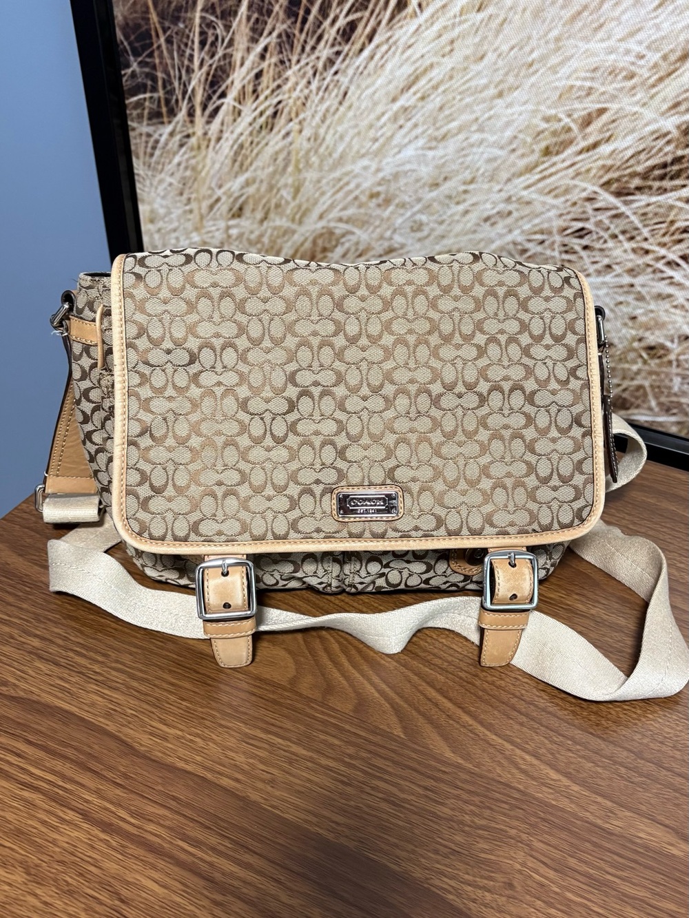 Coach Khaki and Tan Signature Canvas Crossbody Messenger